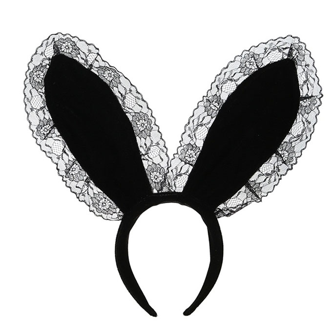 Rabbit Ears 蕾絲邊兔耳朵尼龍頭箍 TT23 (黑色)